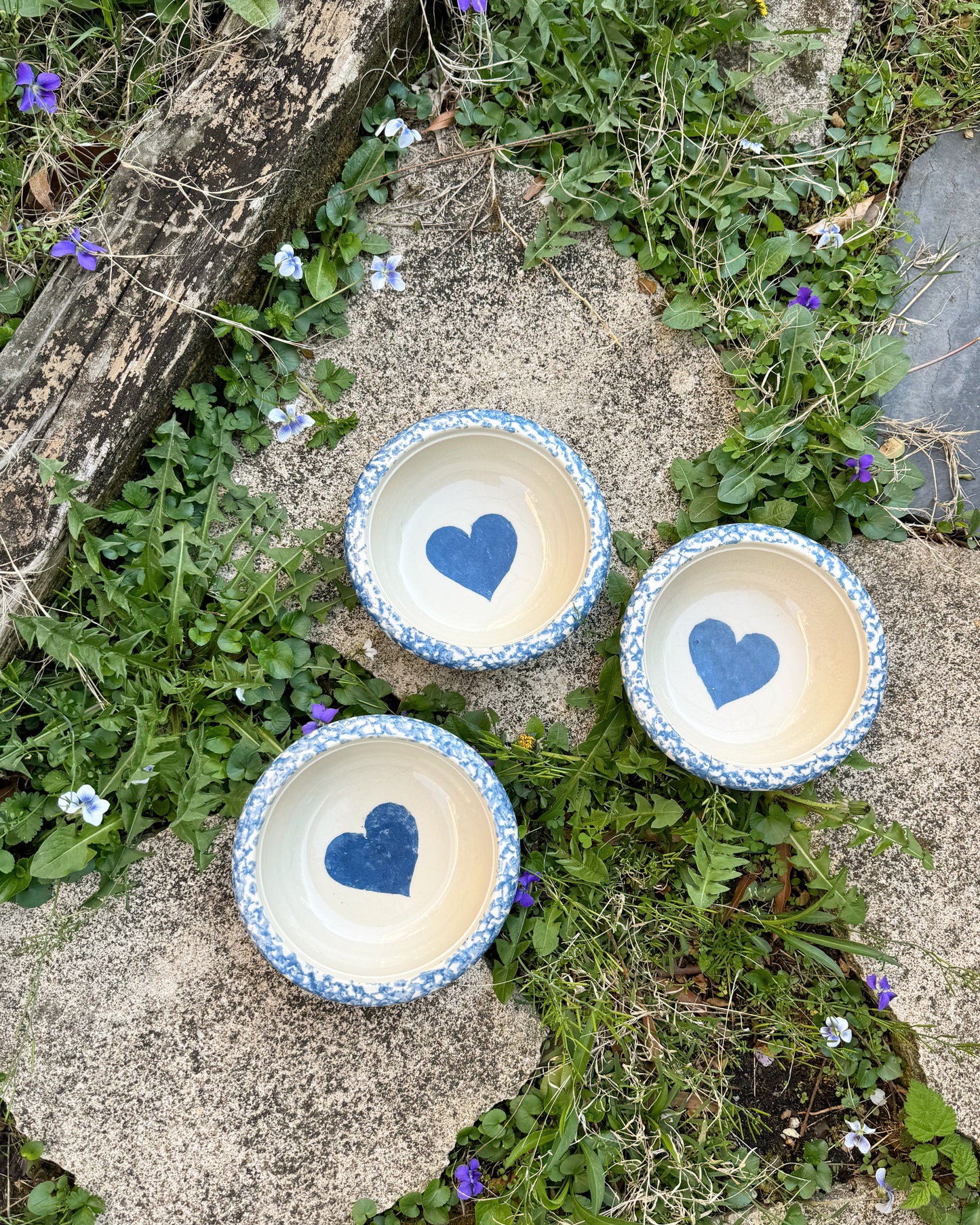 Blue Spongeware Heart Bowls, Set of 3